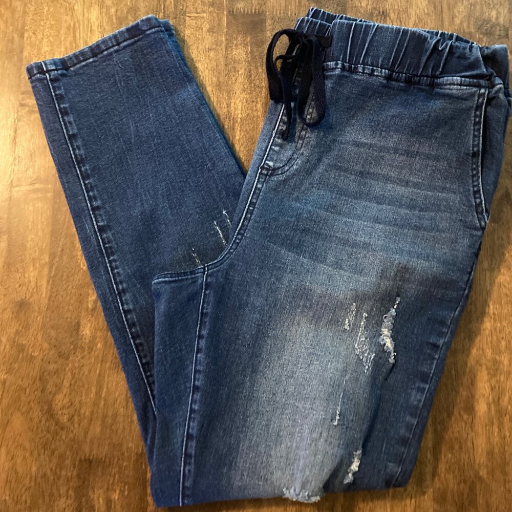 Ladies Almost Famous Distressed Blue Denim Joggers High Waist Size XL Like New!